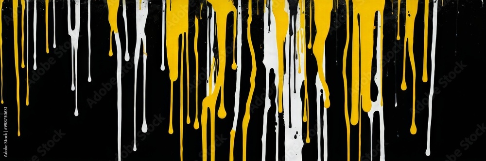 a vertical arrangement of dripping paint in white and yellow against a black background a vertical arrangement of dripping paint in white and yellow against a black background