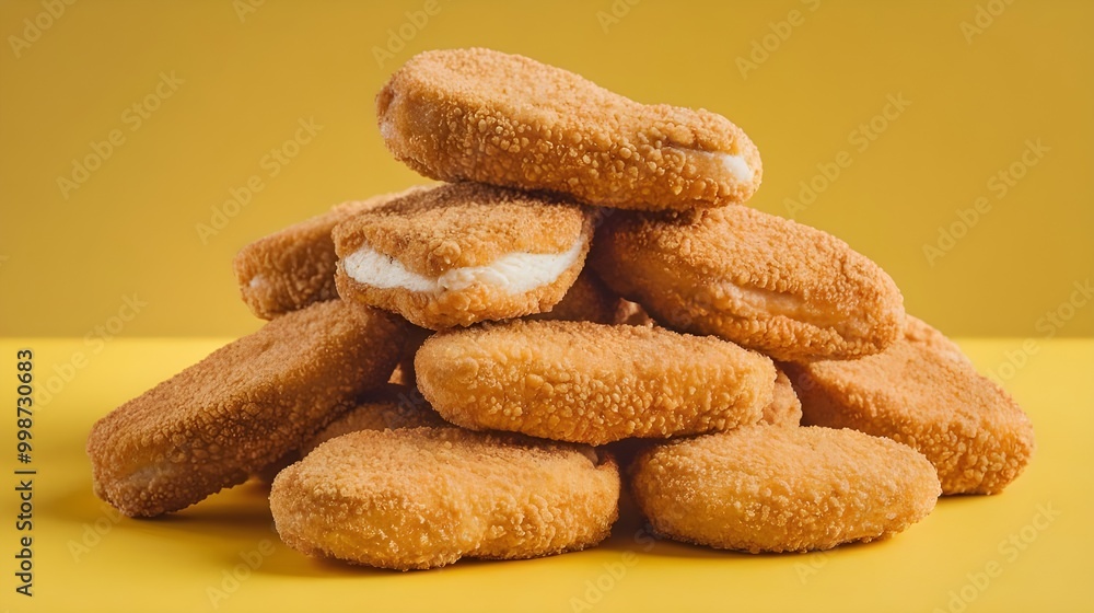 Crispy Chicken Nuggets Stack on Yellow Background Crispy Chicken Nuggets Stack on Yellow Background