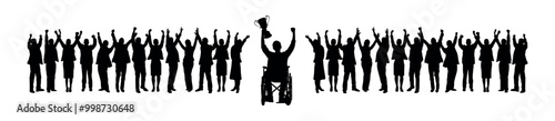 Man in wheelchair raising hands and holding trophy success in front of crowd people black silhouettes.