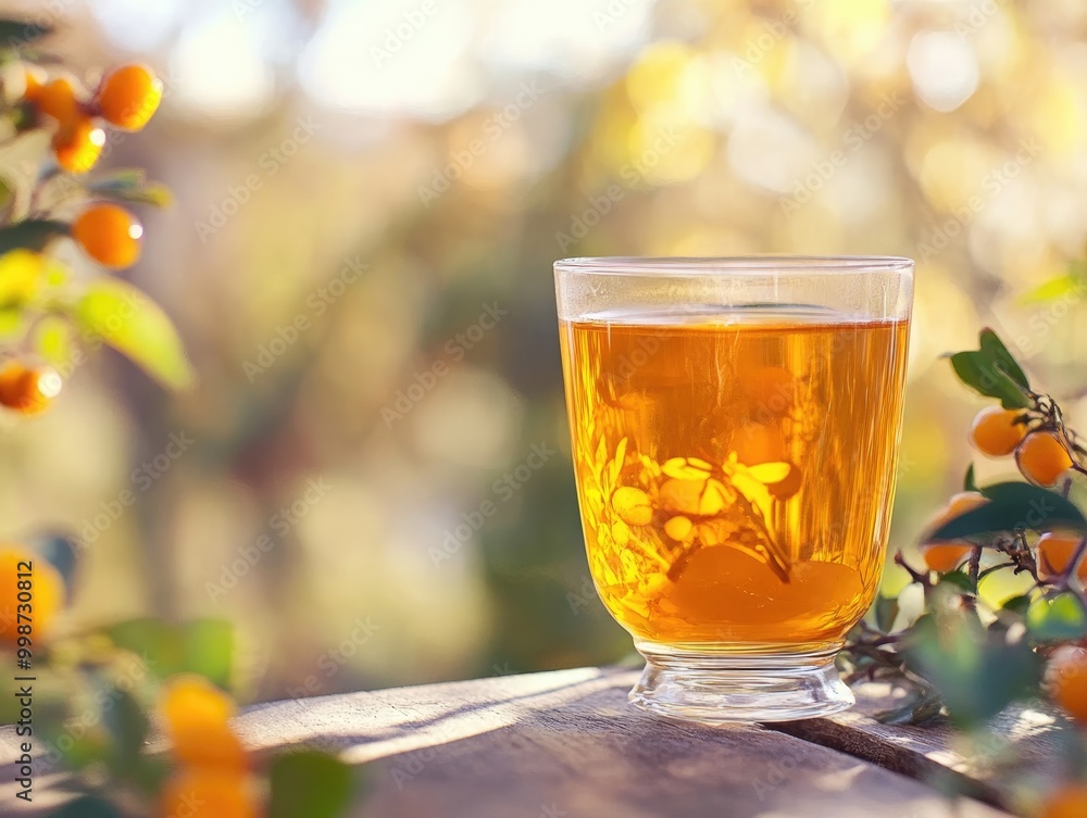 Refreshing sea buckthorn tea in a clear glass outdoors Refreshing sea buckthorn tea in a clear glass outdoors