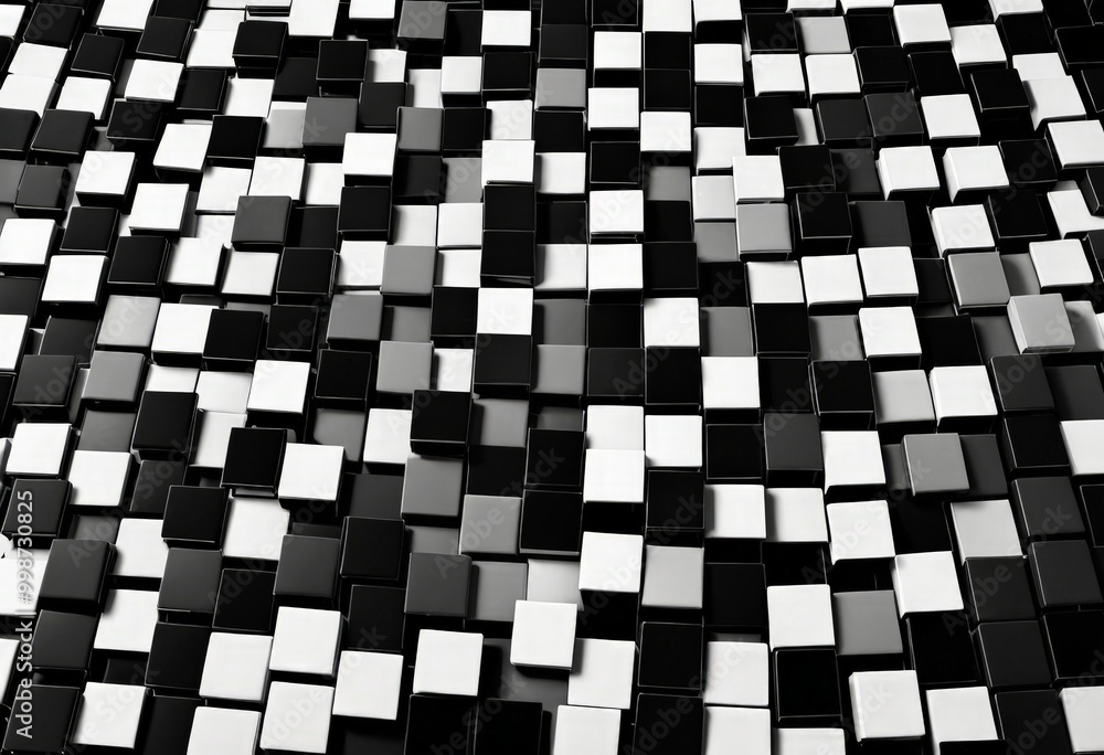 Fototapeta premium A black and white grid of square tiles, with varying shades of gray and white, creating a visually striking pattern
