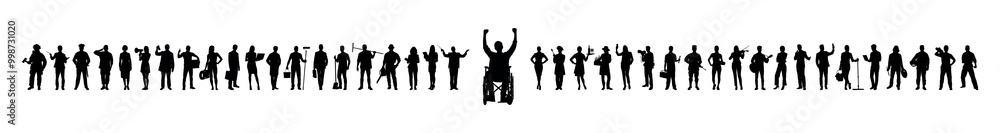 Man in wheelchair raising arms in front of a group of people with different jobs profession standing in row black silhouettes set. Man in wheelchair raising arms in front of a group of people with different jobs profession standing in row black silhouettes set.