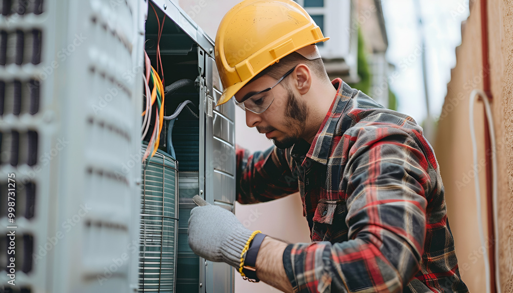 Technician performing air conditioner maintenance by cleaning the filter. essential hvac service to ensure efficient cooling Technician performing air conditioner maintenance by cleaning the filter. essential hvac service to ensure efficient cooling