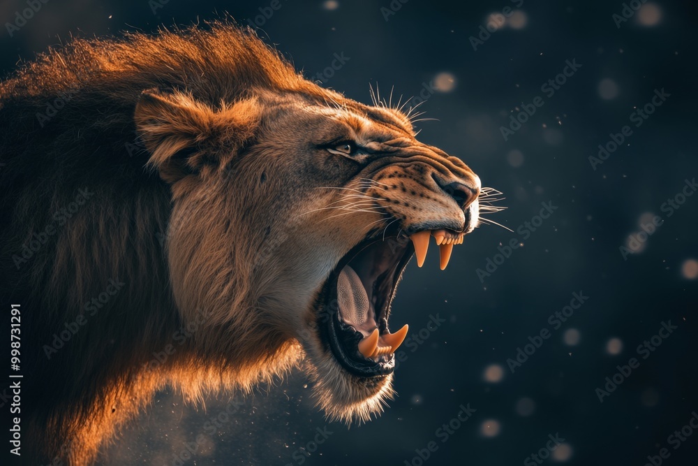 Naklejka premium Roaring male lion. An angry lion with an open mouth. expression of anger. Portrait of a big male lion with open mouth. 