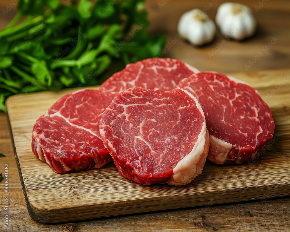Succulent Raw Beef Steaks on Wooden Cutting Board - Gourmet Culinary Delight with Freshness and Quality, Food Photography Concept Succulent Raw Beef Steaks on Wooden Cutting Board - Gourmet Culinary Delight with Freshness and Quality, Food Photography Concept