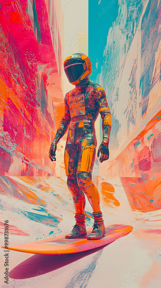 A Futuristic Surrealist Digital Art of a Masked Figure Surfs on a Vibrant Wave A Futuristic Surrealist Digital Art of a Masked Figure Surfs on a Vibrant Wave