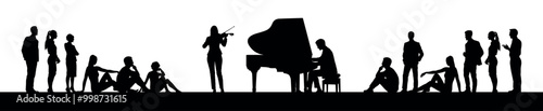 Man playing piano and woman playing violin performing music concert in public outdoor vector silhouettes.