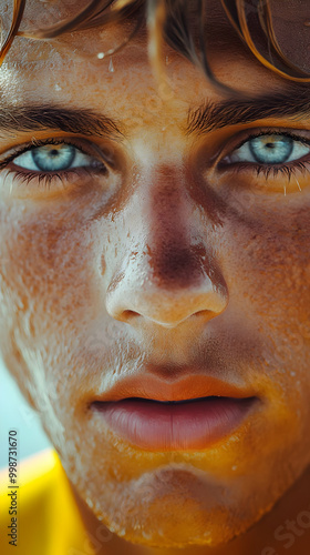 Close-up Portrait of a Young Man with Sweat on His Face and Blue Eyes Looking at the Camera