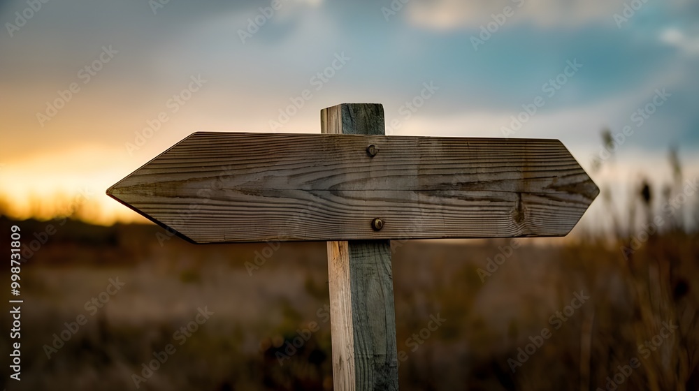 Naklejka premium Rustic Wooden Arrow Signpost with Blurred Sunset Background