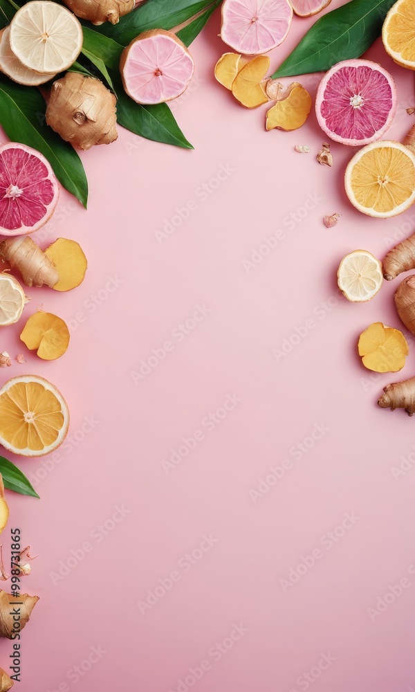 A vibrant arrangement of citrus fruits, including oranges, grapefruits, and lemons, is set against a soft pink backdrop The fruits are scattered around the edges, with A vibrant arrangement of citrus fruits, including oranges, grapefruits, and lemons, is set against a soft pink backdrop The fruits are scattered around the edges, with
