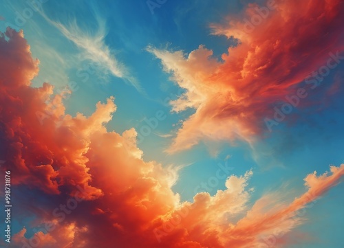 a dramatic sky with vibrant orange and red clouds, contrasted by a deep blue background photo