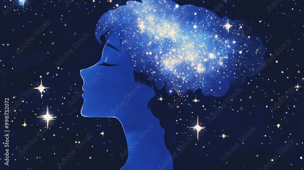 Cosmic dreams: silhouette of a woman with starry watercolor hair for art prints Cosmic dreams: silhouette of a woman with starry watercolor hair for art prints