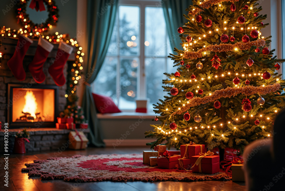 Festive Christmas Tree in Cozy Living Room: Perfect for Holiday Marketing, Greeting Cards, and Seasonal Campaigns Festive Christmas Tree in Cozy Living Room: Perfect for Holiday Marketing, Greeting Cards, and Seasonal Campaigns