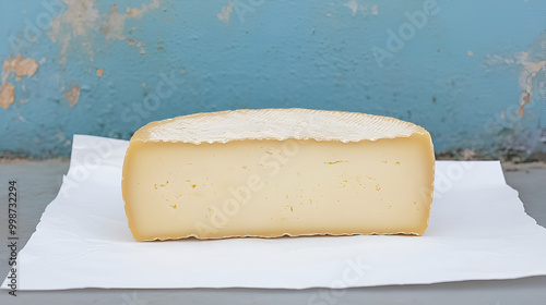 Saint Andre cheese rests on white paper in front of a blue wall healthy delicious food concept photo