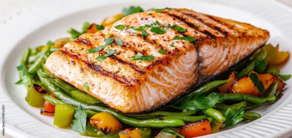 Gourmet Delight Succulent Grilled Salmon Fillet on Elegant Plate - Culinary Perfection in Close-up View, Festive Dining Concept Gourmet Delight Succulent Grilled Salmon Fillet on Elegant Plate - Culinary Perfection in Close-up View, Festive Dining Concept