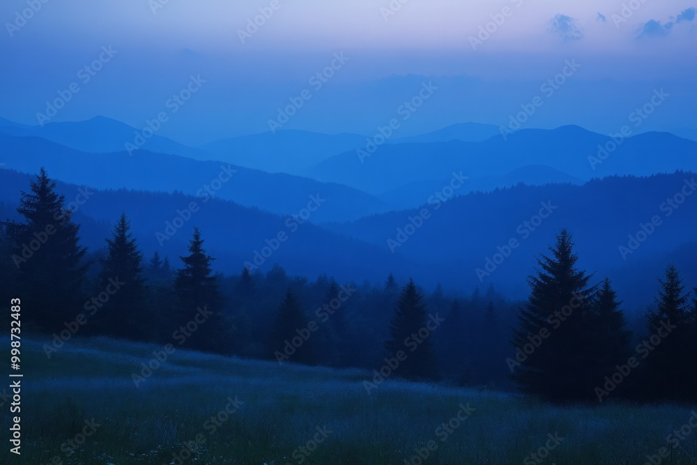 Obraz premium Majestic Nightfall: Capturing the Tranquility of the Blue Hour Landscapes
