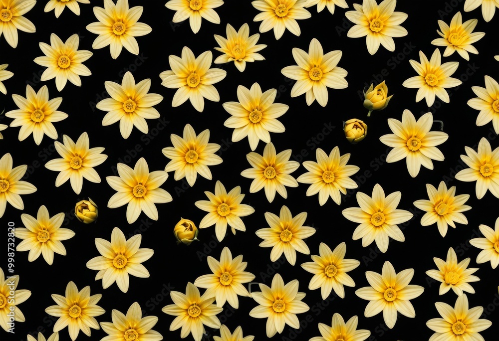 A pattern of yellow daisy flowers against a black background A pattern of yellow daisy flowers against a black background