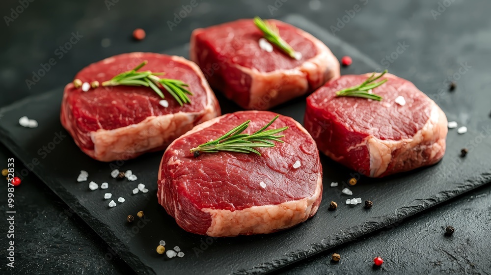 Gourmet Raw Beef Steaks Showcase Close-Up Symmetry on Slate Surface with Rosemary Garnish - Luxurious Culinary Delight Gourmet Raw Beef Steaks Showcase Close-Up Symmetry on Slate Surface with Rosemary Garnish - Luxurious Culinary Delight