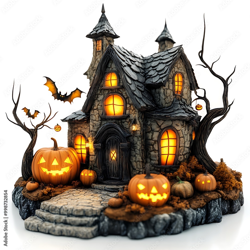 Charming Halloween illustration featuring a spooky house, glowing pumpkins, and bat silhouettes, perfect for seasonal decorations Charming Halloween illustration featuring a spooky house, glowing pumpkins, and bat silhouettes, perfect for seasonal decorations