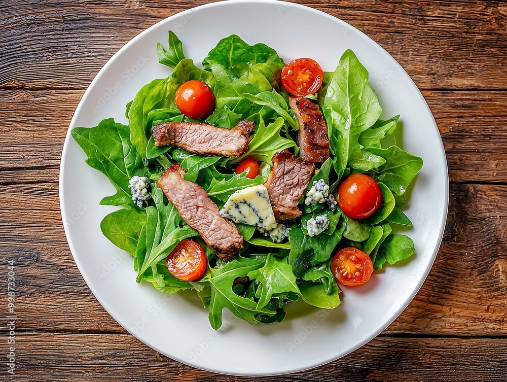 Fresh Green Salad on White Ceramic Plate - Rustic Wooden Table Setting for Food Blogs and Menus Fresh Green Salad on White Ceramic Plate - Rustic Wooden Table Setting for Food Blogs and Menus