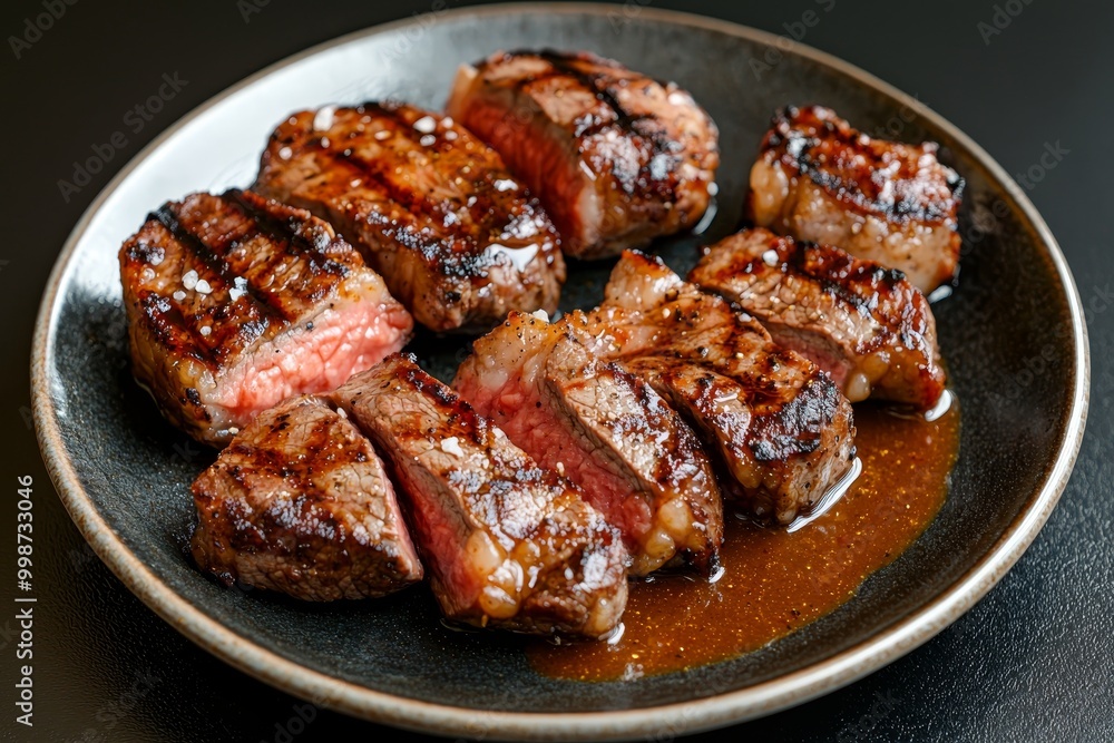 Succulent Grilled Meat Platter on Dark Surface - Closeup of Juicy Steak with Rich Sauce for Gourmet Dining Delight Succulent Grilled Meat Platter on Dark Surface - Closeup of Juicy Steak with Rich Sauce for Gourmet Dining Delight