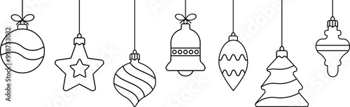Christmas ball simple line icon.Christmas balls seamless border . Holiday christmas decoration. Marry Christmas and Happy New Year background.