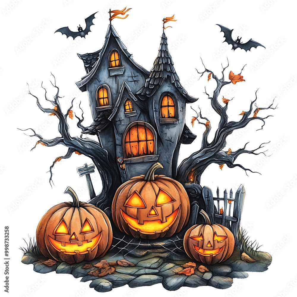 Spooky Halloween illustration featuring a haunted house, carved pumpkins, bats, and eerie atmosphere on a white background Spooky Halloween illustration featuring a haunted house, carved pumpkins, bats, and eerie atmosphere on a white background
