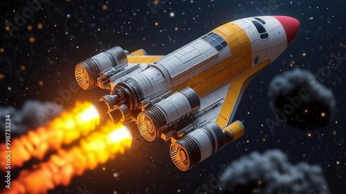 Wallpaper Mural A vibrant rocket soaring through space, with flames trailing behind and asteroids surrounding, symbolizing exploration and adventure. Torontodigital.ca