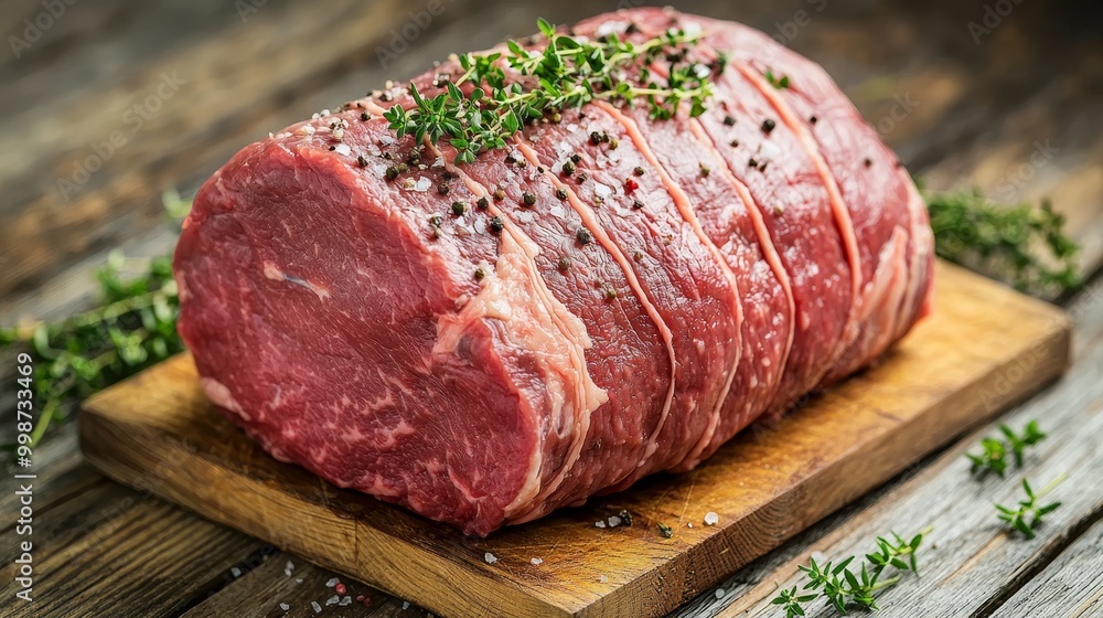 Succulent Raw Beef Roast Close-Up on Wooden Cutting Board with Herbs - Gourmet Cooking Concept Succulent Raw Beef Roast Close-Up on Wooden Cutting Board with Herbs - Gourmet Cooking Concept