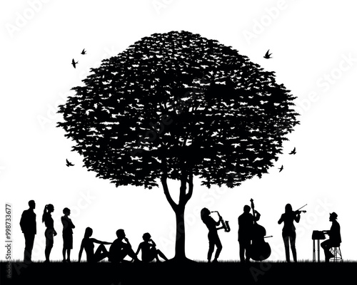 Group of musicians playing music outdoors under the big tree in park outdoor black silhouette.