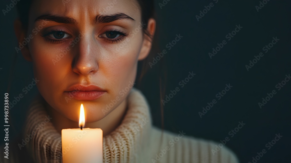 A contemplative woman gazes at a flickering candle, her expression reflecting deep emotions in a dimly lit setting. A contemplative woman gazes at a flickering candle, her expression reflecting deep emotions in a dimly lit setting.