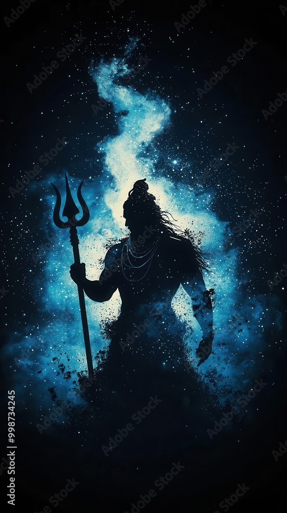 Obraz premium Shiva transforming into cosmic energy while holding a dissolving trident, light particles flowing, Shiva transformation, trident dissolve, cosmic particles