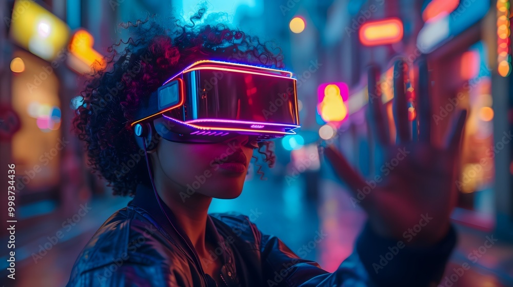 woman wearing a virtual reality headset and headphones, her hand is raised for interaction with unseen elements woman wearing a virtual reality headset and headphones, her hand is raised for interaction with unseen elements
