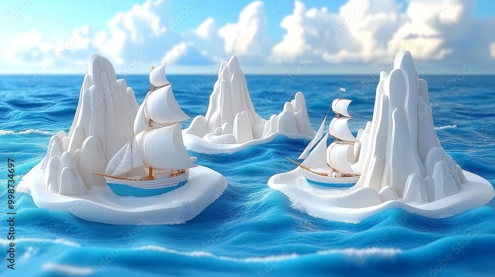 Beautiful ships sailing among icebergs in a serene ocean. Perfect for illustrating adventure or exploring nature themes. Beautiful ships sailing among icebergs in a serene ocean. Perfect for illustrating adventure or exploring nature themes.