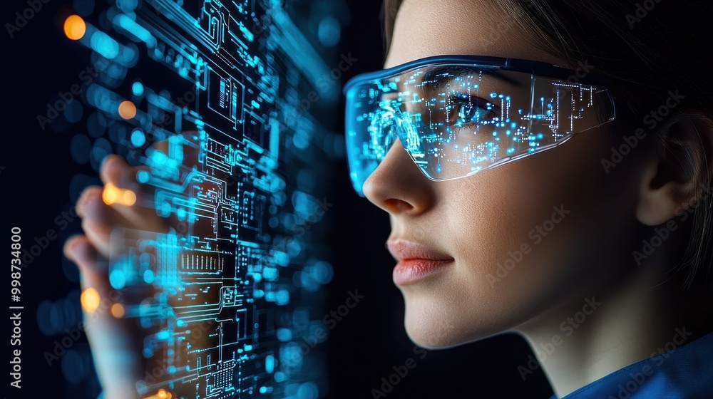 Woman with virtual reality glasses, engaging with digital technology and futuristic interface. Woman with virtual reality glasses, engaging with digital technology and futuristic interface.