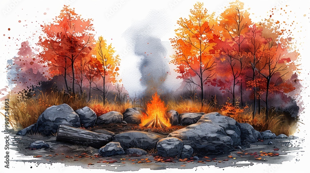 A serene autumn campsite featuring a warm campfire surrounded by vibrant fall foliage. A serene autumn campsite featuring a warm campfire surrounded by vibrant fall foliage.