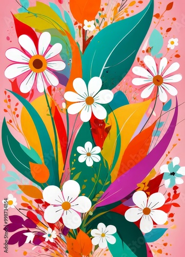 A vibrant digital illustration bouquet of flowers, featuring a variety of colorful blooms and leaves against a pink background photo