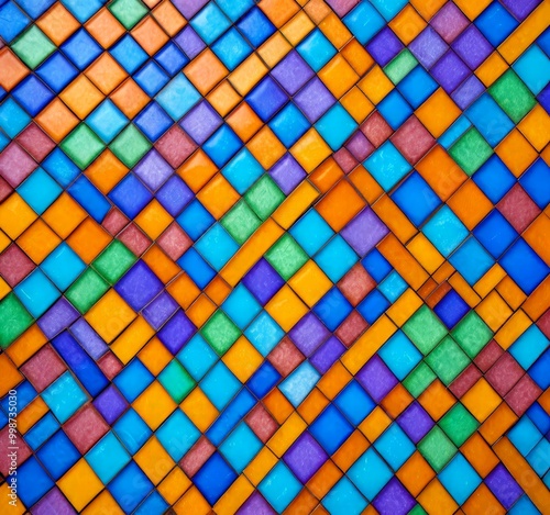 A vibrant mosaic of multicolored square tiles arranged diagonally, creating a visually striking pattern