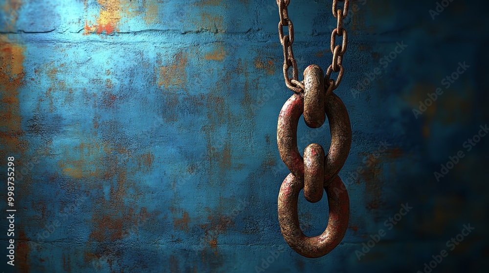 Close-up of a rusted metal chain link against a textured blue background, showcasing industrial and vintage elements. Close-up of a rusted metal chain link against a textured blue background, showcasing industrial and vintage elements.