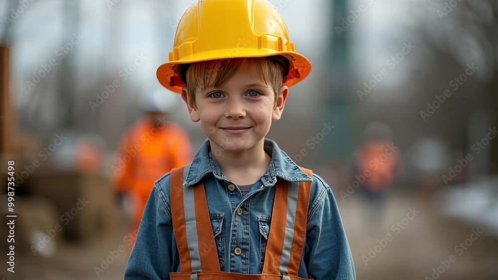 Young Boy Wearing Construction Safety Gear and Smiling Young Boy Wearing Construction Safety Gear and Smiling