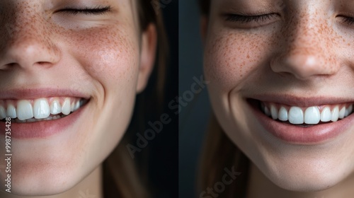 Need for spring: bright smiles in split screen - before and after close-up shots