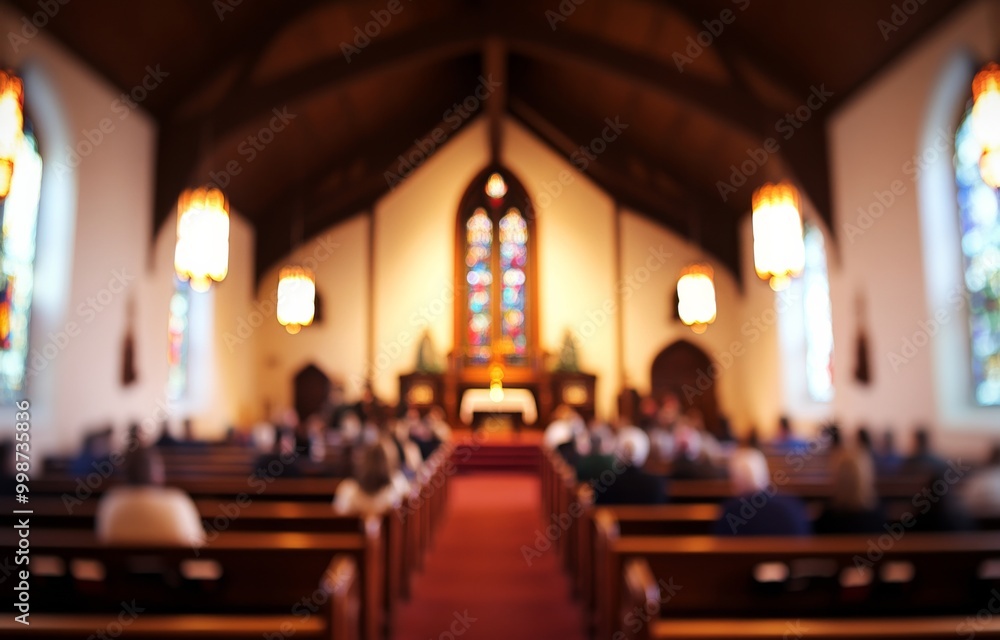 Blurred interior of a church focusing on the back of an altar, featuring soft lighting and vintage color tones. Blurred interior of a church focusing on the back of an altar, featuring soft lighting and vintage color tones.
