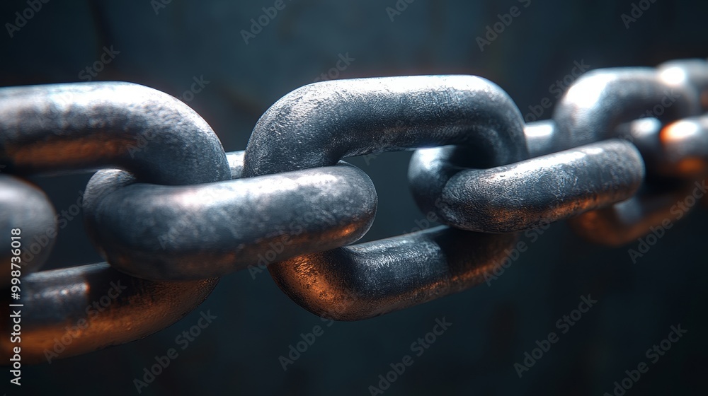 Close-up of metallic chain links showcasing details in texture and shine against a dark background. Ideal for industrial concepts. Close-up of metallic chain links showcasing details in texture and shine against a dark background. Ideal for industrial concepts.