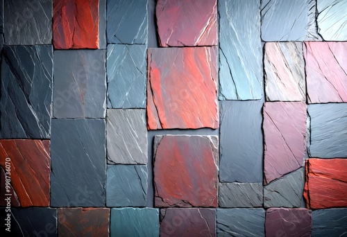 a close-up view textured wall composed of rectangular tiles in various shades of gray, red, and brown, arranged in a grid-like pattern photo