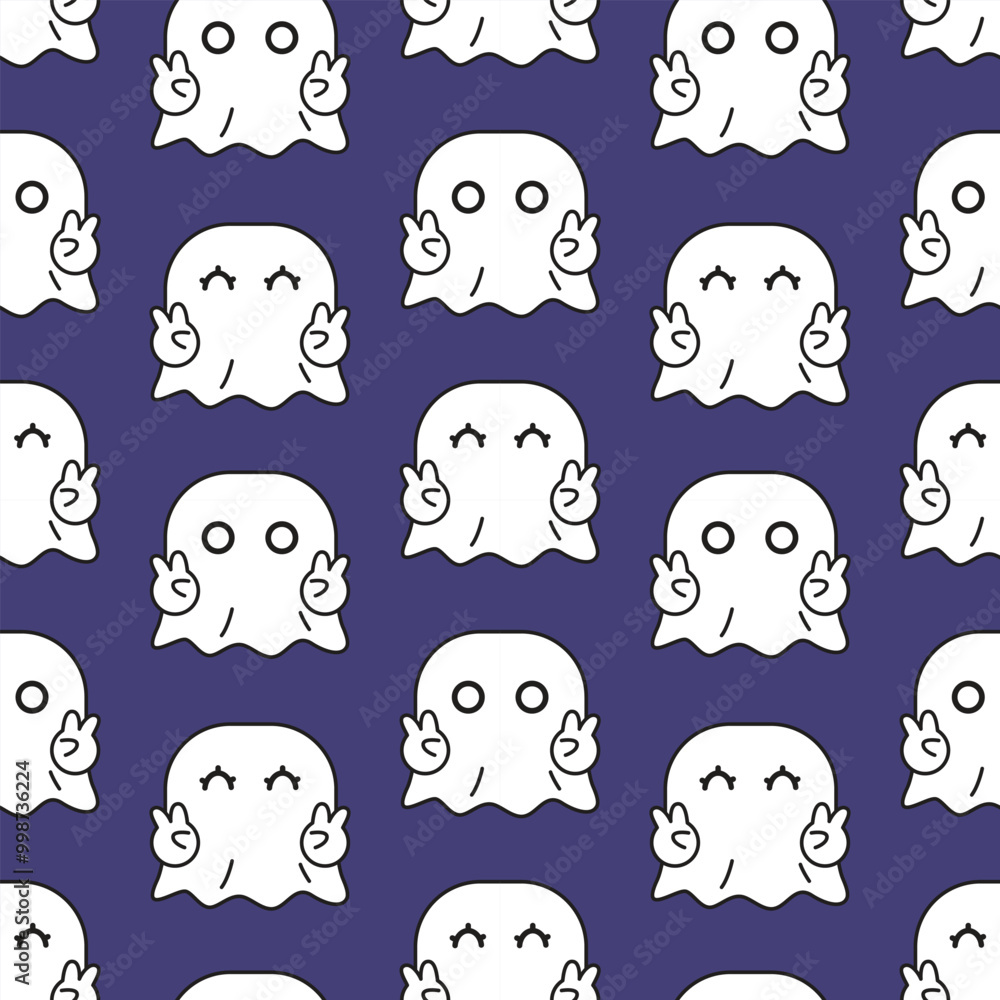 Fototapeta premium CUTE LITTLE GHOST WITH PEACE GESTURE SEAMLESS PATTERN
