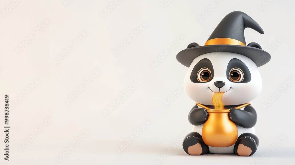 Cute Panda in Witch Hat with Magical Pot Cute Panda in Witch Hat with Magical Pot