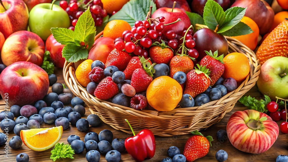 Assorted Fresh Fruits in Wicker Basket on Rustic Wooden Table. Assorted Fresh Fruits in Wicker Basket on Rustic Wooden Table.