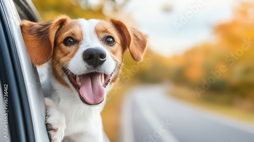 Cheerful dog enjoying a car ride with head out the window, surrounded by autumn foliage on a scenic road.