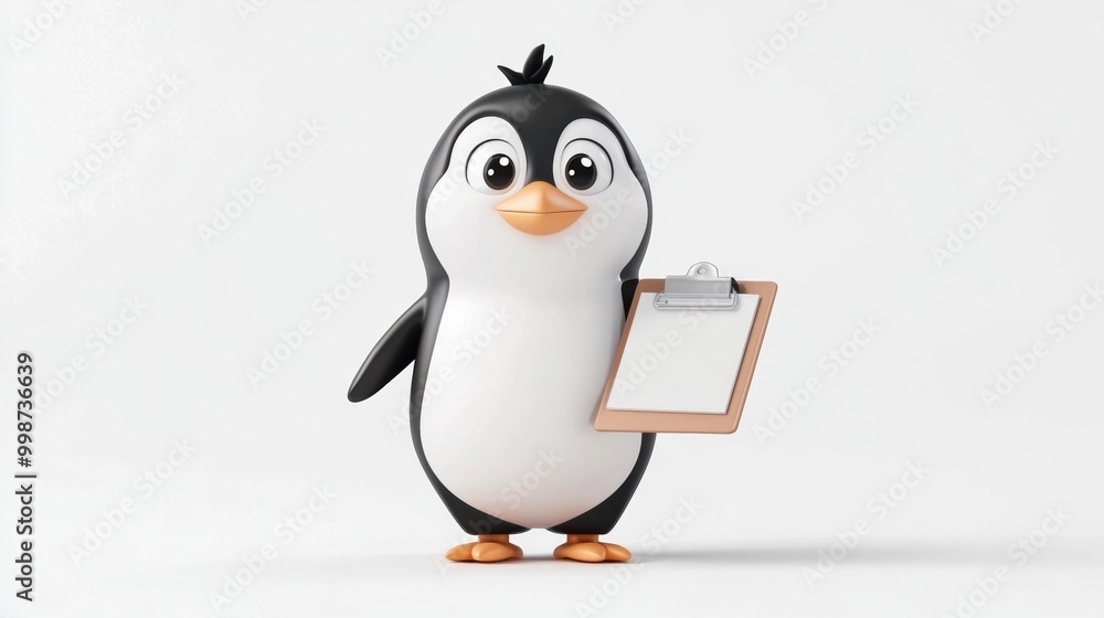 Obraz premium Cute cartoon penguin holding clipboard in bright space