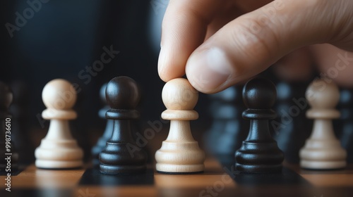 Close-up of a hand moving a white pawn on a chessboard, representing strategy, decision making, and gameplay in chess.